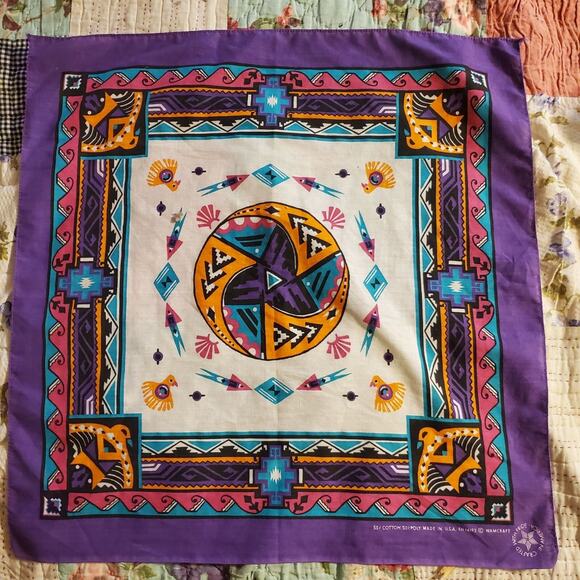 Vintage Wamcraft Southwestern Native American Purple Bird Bandana - Made in USA - Picture 1 of 8